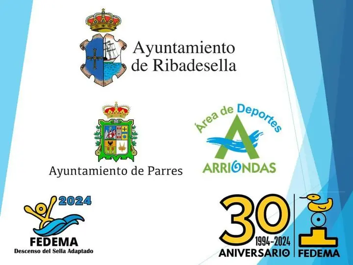 Escudos de los ayuntamientos de Parres y Ribadesella, logo Sella Adaptado 2024 y logo Fedema 30 aniversario